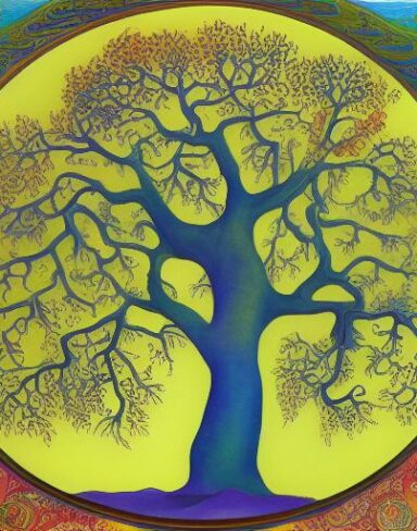 A painting of a big green tree with a sky in the background