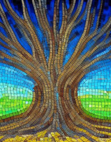 A painting of a big tree with a blue sky in the background