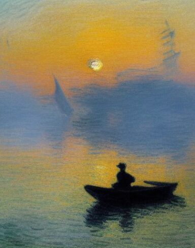 A painting of a boat and fisherman in a body of water at sunset