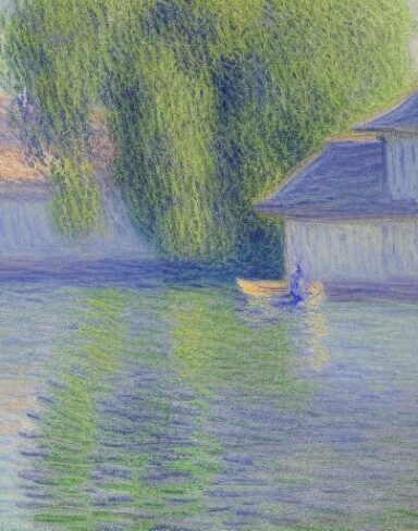 A painting of a building next to a body of water