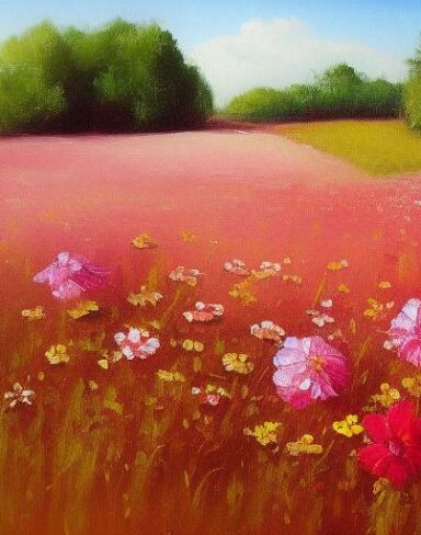 A painting of a bunch of pink and red flowers in a wildlife
