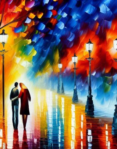 A painting of a city street and a pair of couple at night