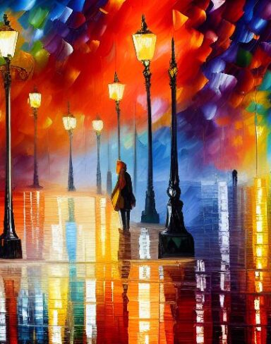 A painting of a city street and children at night