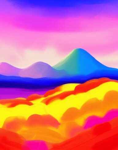 A painting of a colorful landscape with mountains