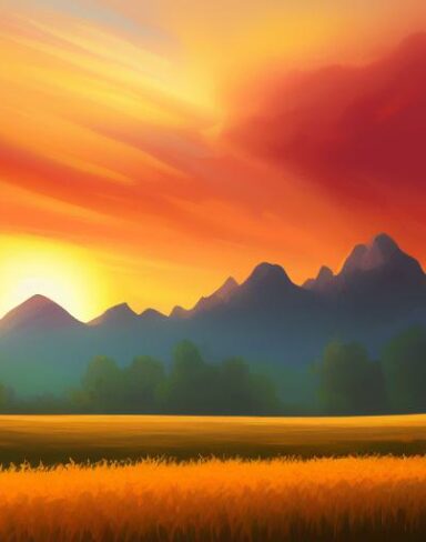 A painting of a corn field with mountains in the sunset background