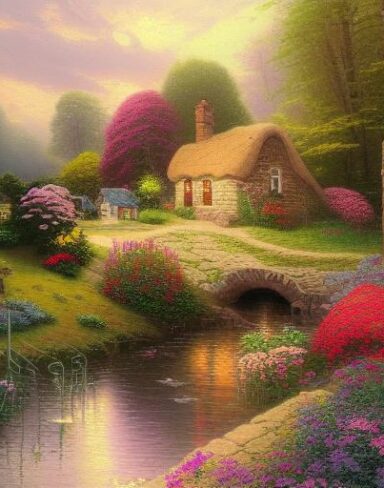 A painting of a cottage by a river with beautiful flowers