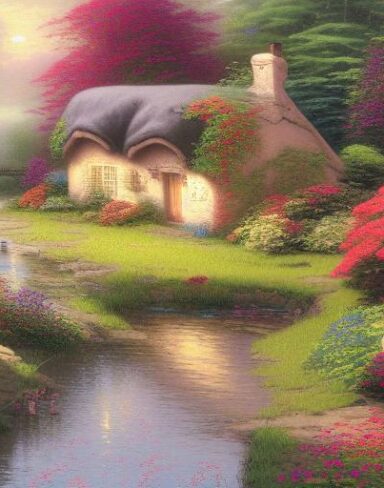 A painting of a cottage by a river with flowers