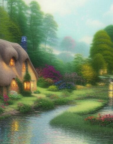 A painting of a cottage by a river with greenery