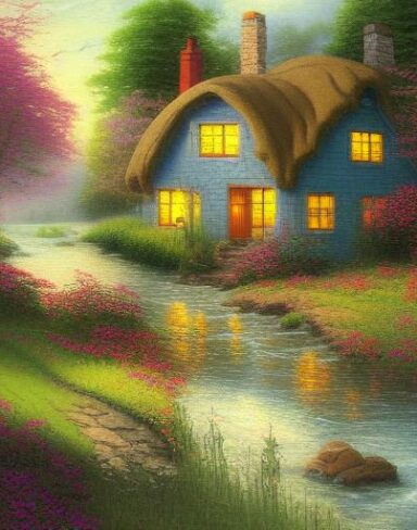 A painting of a cottage by a river with some trees