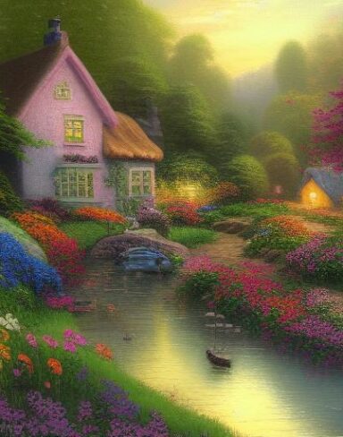 A painting of a cottage by a river with vivid flowers