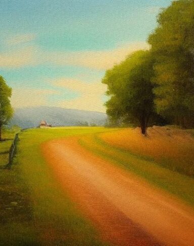 A painting of a country road with a farmer