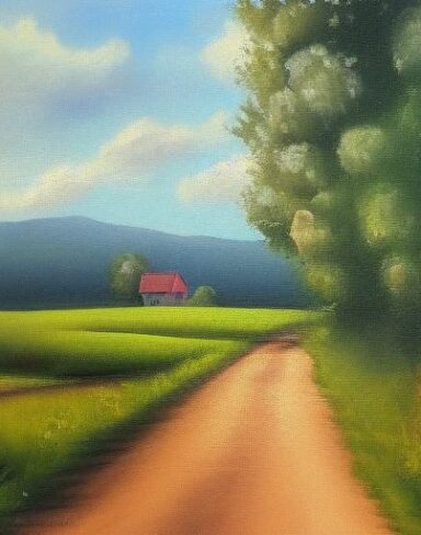 A painting of a country road with a house nearby