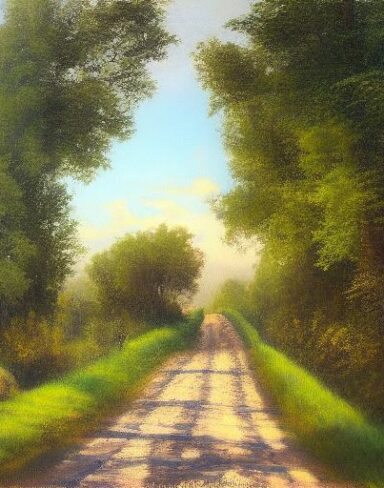 A painting of a country road with lots of shrubs