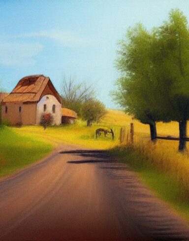 A painting of a country road with some wooden chairs