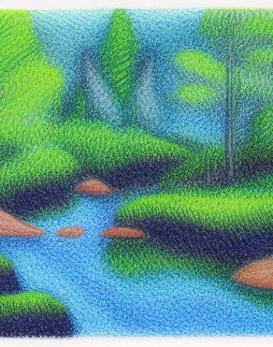 A painting of a forest and river