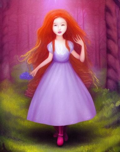 A painting of a girl in forest