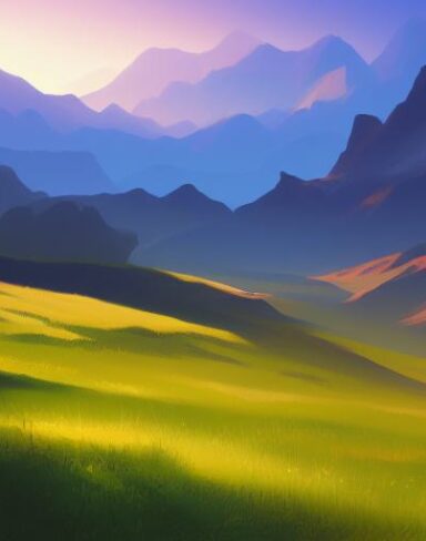 A painting of a green field with mountains in the sunset background