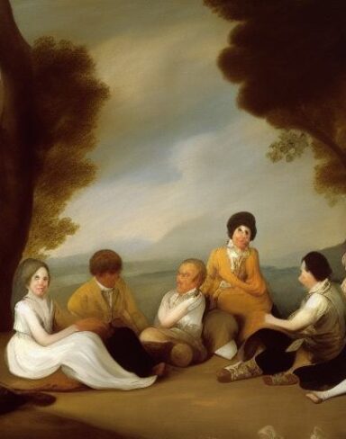 A painting of a group of people having picnic outdoor by Francisco de Holanda