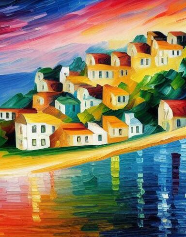 A painting of a hill of houses near sea
