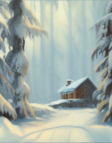 A painting of a house in a snowy forest