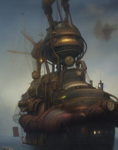 A painting of a human in front of a giant ship