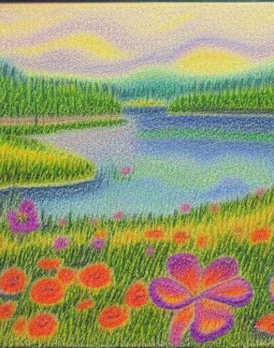 A painting of a lake surrounded by flowers
