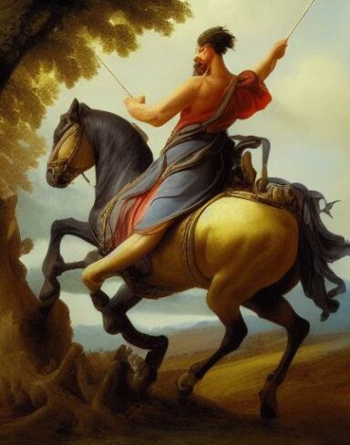 A painting of a man riding on the back of a horse with dead trees