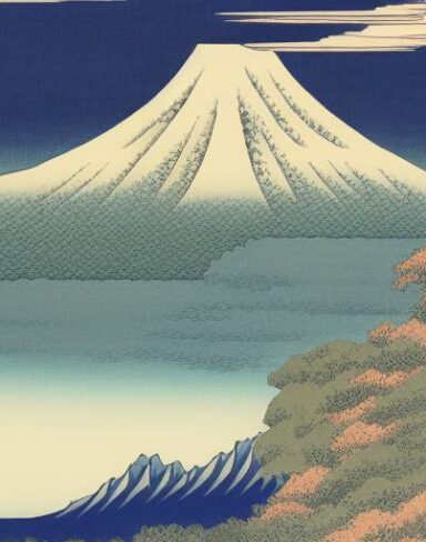 A painting of a mountain and a body of water