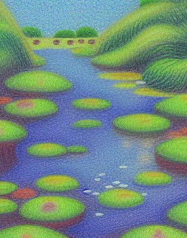 A painting of a river surrounded by lotus flowers