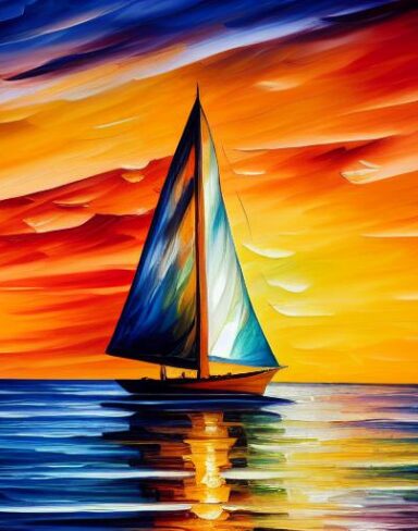 A painting of a sailboat with sunset