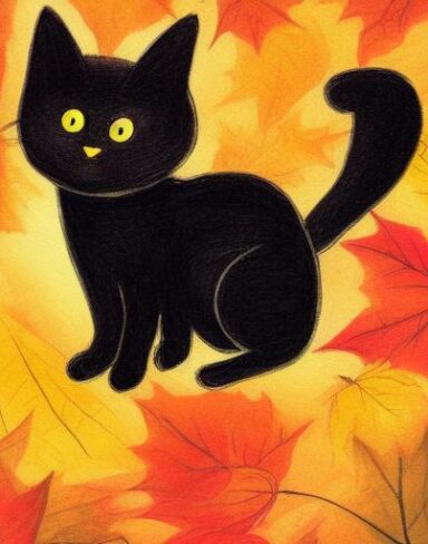A painting of a small happy black cat in the autumn-fall forest