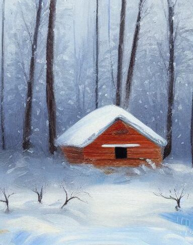 A painting of a small house in a snowy forest in winter