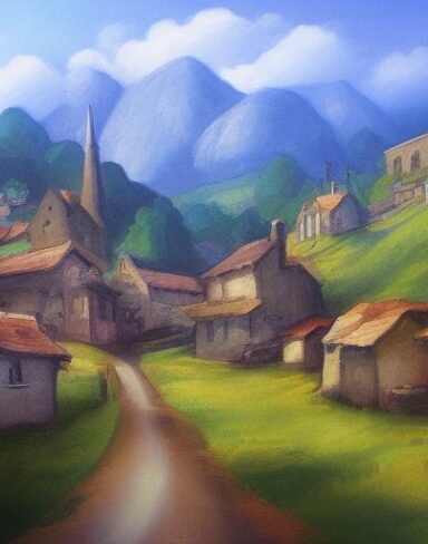 A painting of a small village in the mountains