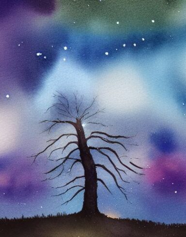 A painting of a tree in the night galaxy sky