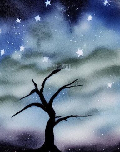 A painting of a tree silhouette in the night sky