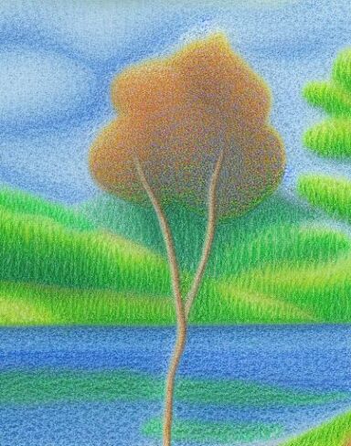 A painting of a trees with a lake
