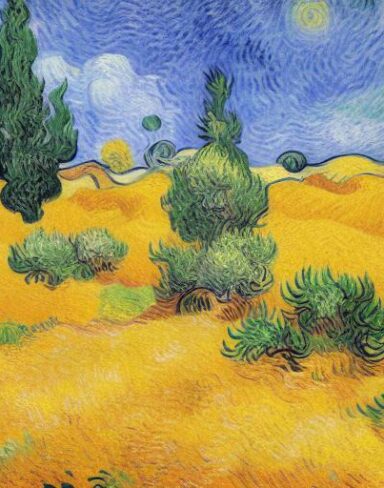 A painting of a wheatfield with cypress trees