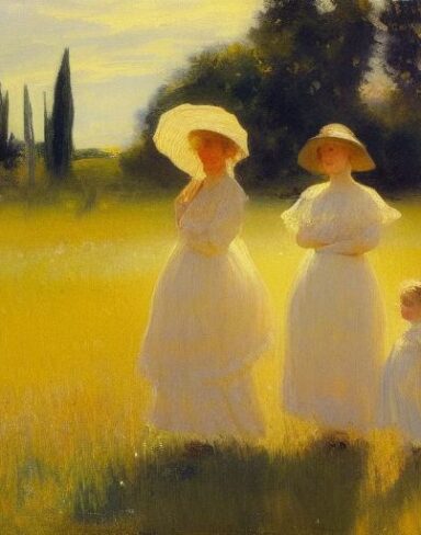 A painting of a woman and two children in a field