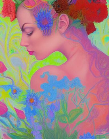 A painting of a woman and with beautiful flowers surrounded