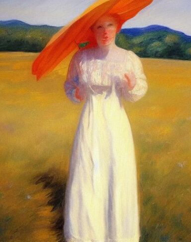 A painting of a woman in a field