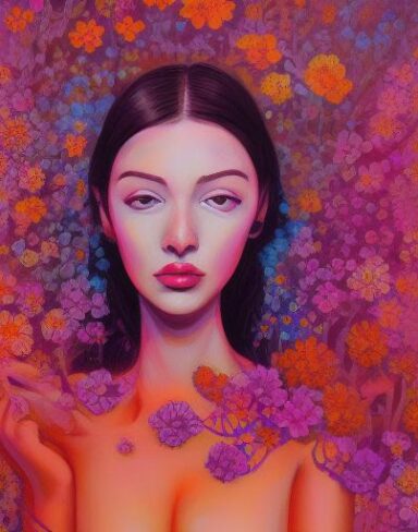 A painting of a woman surrounded by blossom flowers