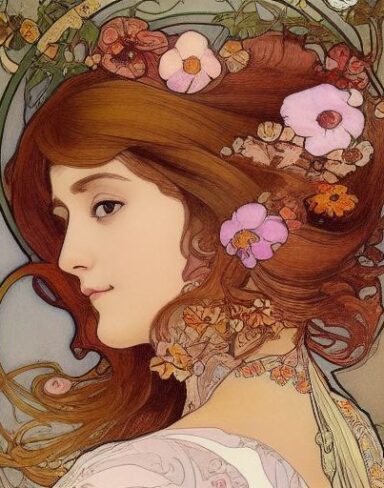 A painting of a woman with flowers in her brown hair