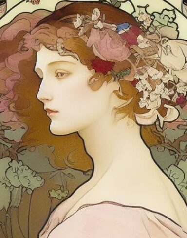A painting of a woman with flowers in her hair