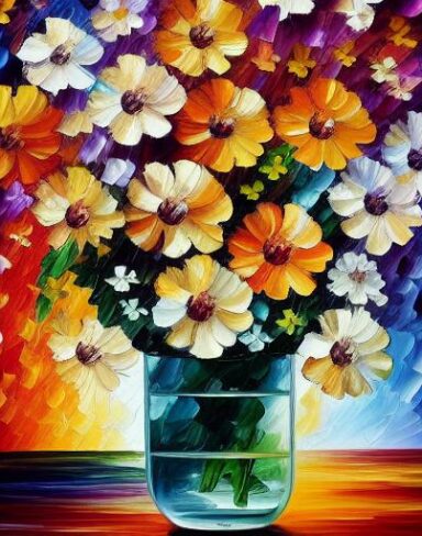 A painting of beautiful and eye catching flowers in a vase on a table