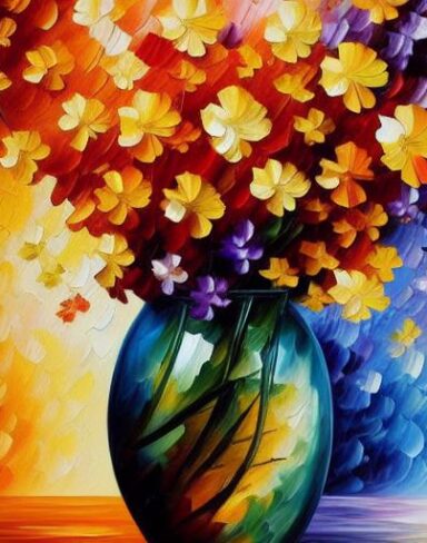 A painting of beautiful and eye catching flowers in a vase on a table