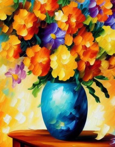 A painting of bright-colored flowers in a vase on a table