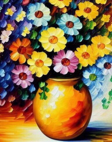 A painting of bright flowers in a vase on a table