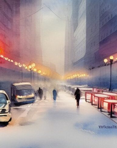 A painting of city street in winter