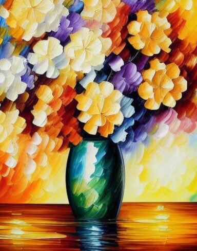 A painting of eye catching flowers in a vase on a table