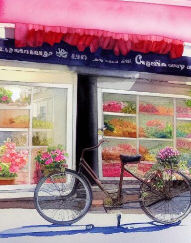 A painting of flower shop with a bicycle parked nearby